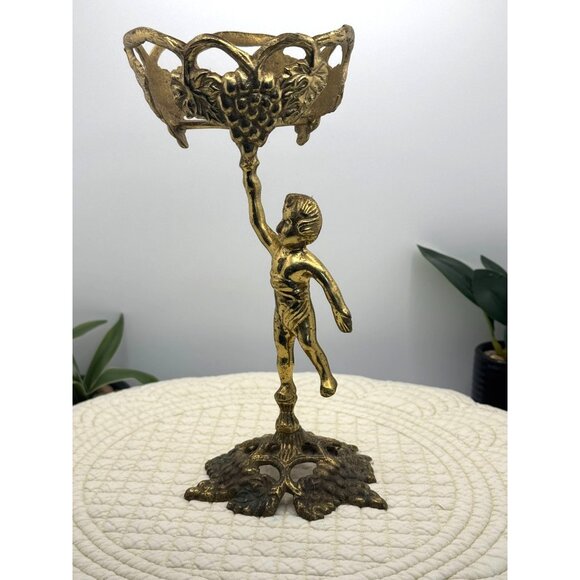 Vintage Gold Brass Cherub Candle Holder With Grapevine Design - Picture 9 of 15